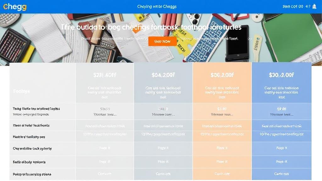 A detailed breakdown of Chegg's subscription options, featuring a header image with a collage of textbooks, digital devices, and price tags.