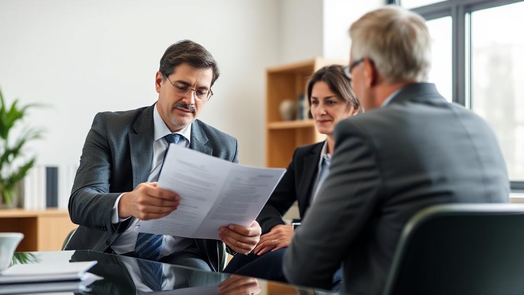 A professional lawyer reviewing legal documents with a client in a well-lit office setting, symbolizing trust and expertise in estate planning.