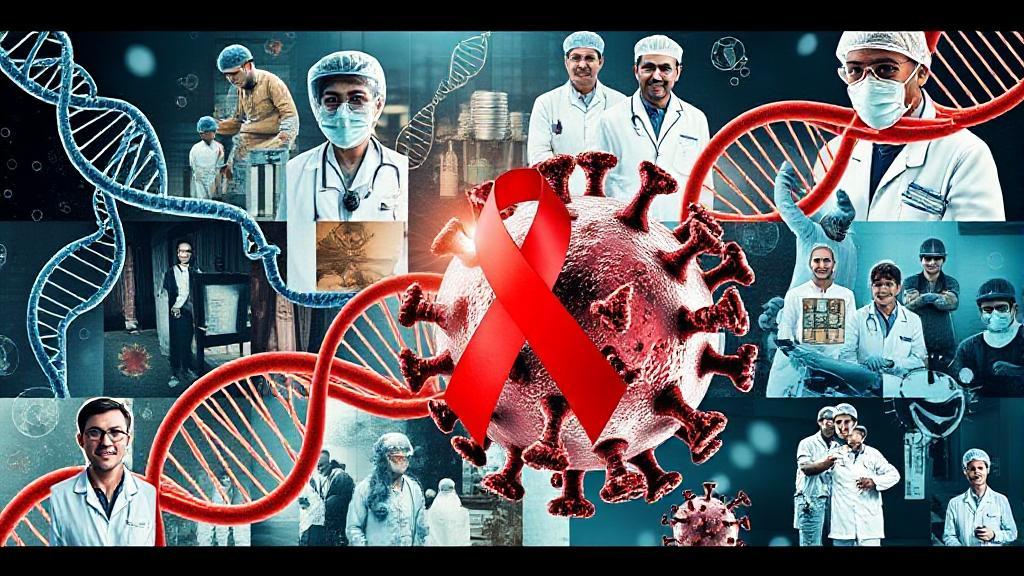 A dynamic collage of DNA strands, medical researchers, and a magnified HIV virus, symbolizing the ongoing quest for a cure.