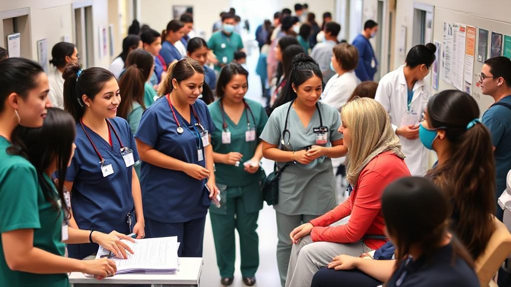 A diverse group of medical assistants in scrubs, actively engaging with patients and healthcare professionals in a bustling clinic setting.