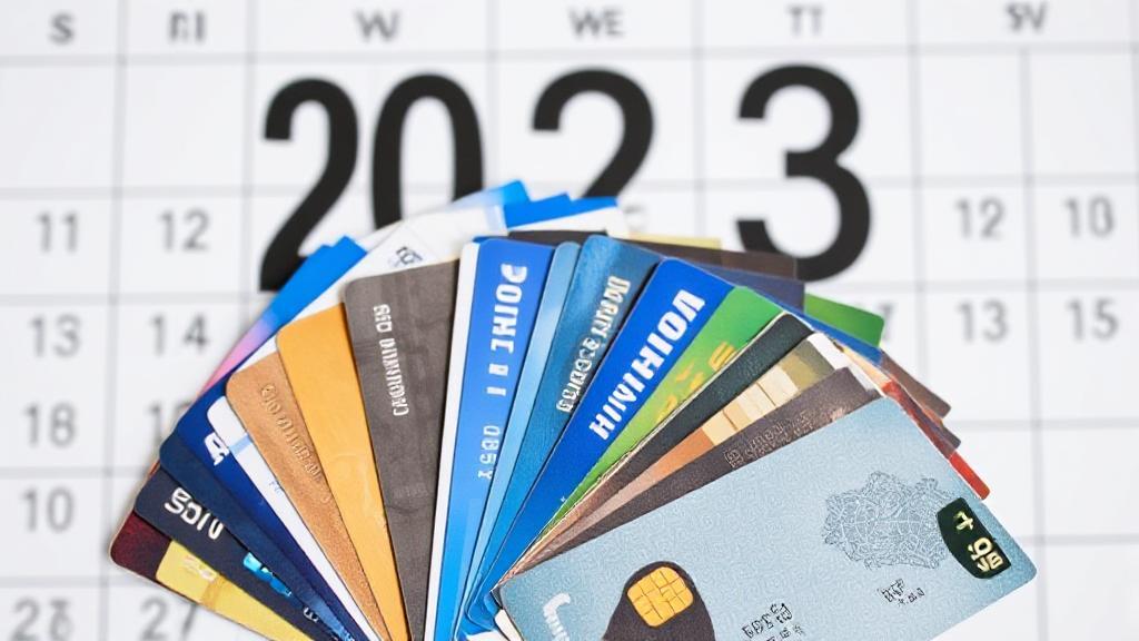A collage of various credit cards fanned out against a backdrop of a calendar marked with "2023."