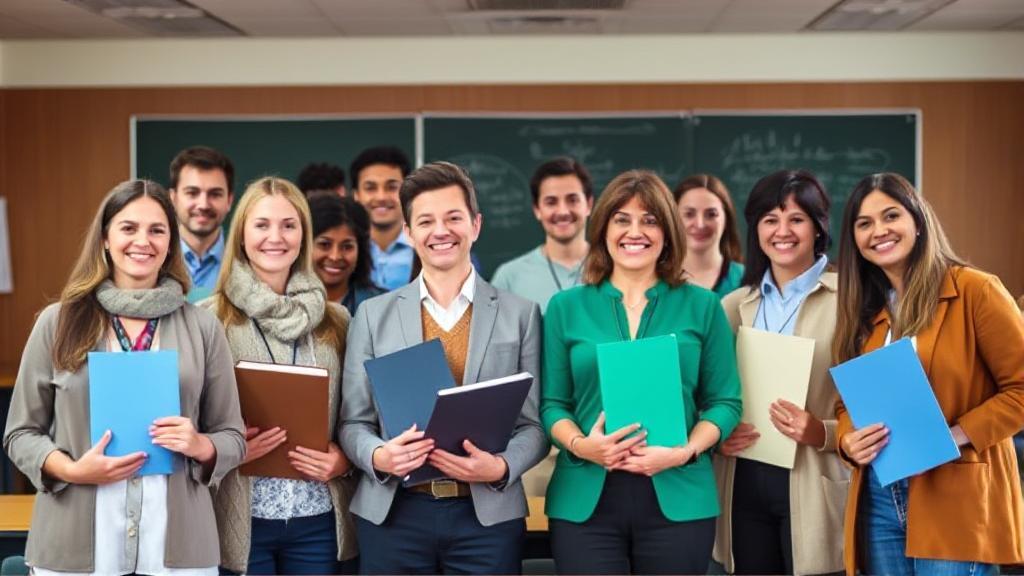 A diverse group of teachers in a classroom setting, each holding a book or diploma, symbolizing the journey through education and certification.