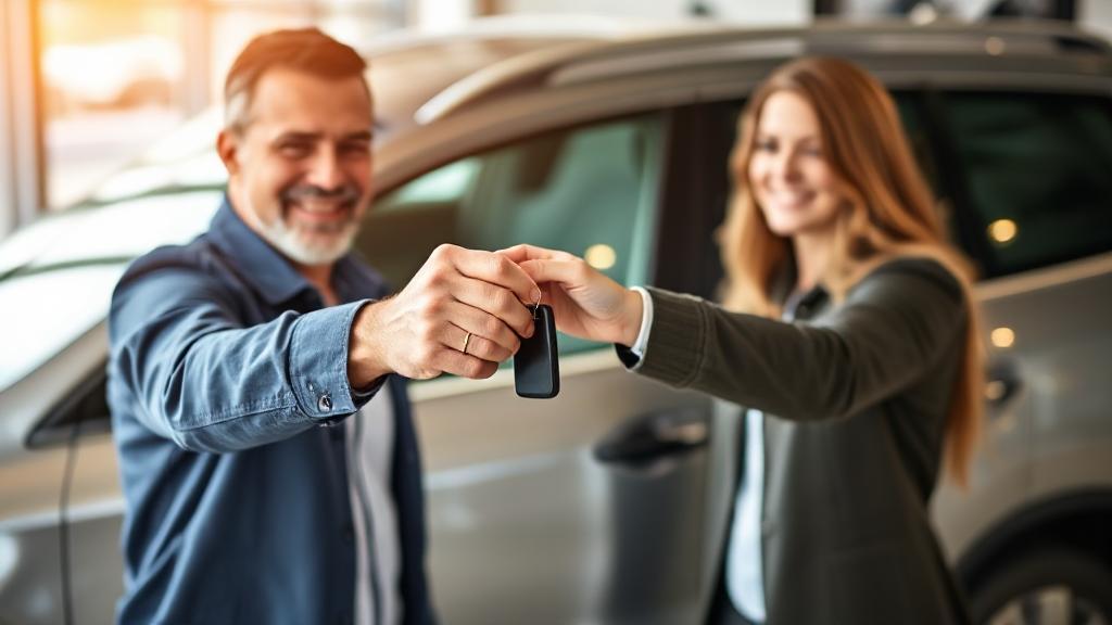 A dynamic image of a person handing over car keys to a happy buyer in front of a shiny, well-maintained vehicle.