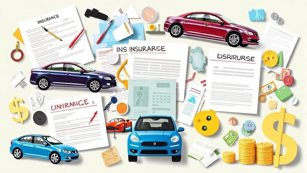 A dynamic collage of various cars, insurance documents, and financial symbols illustrating the diverse factors affecting car insurance costs.