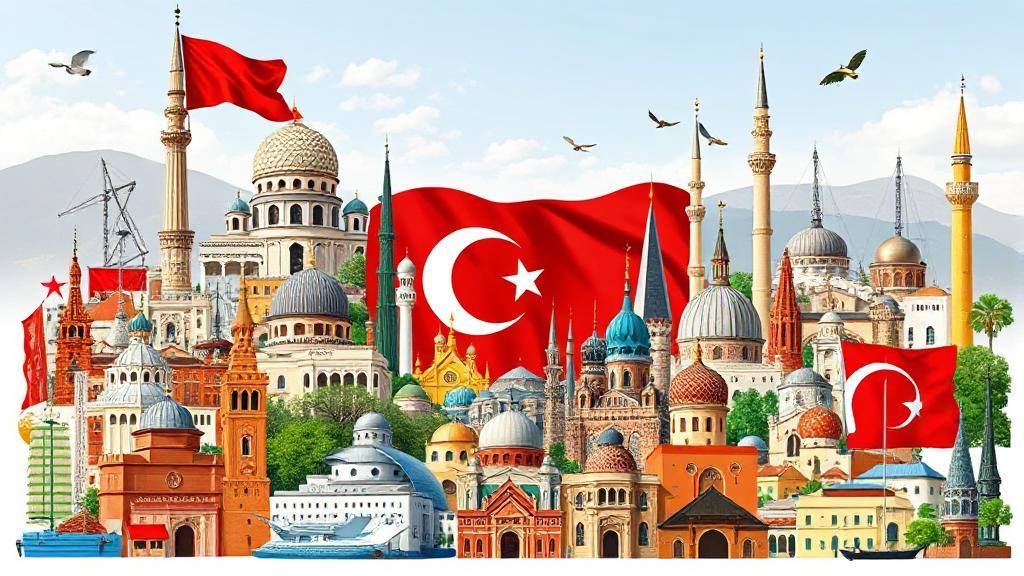 A vibrant collage of Turkish cultural symbols and landmarks with the Turkish flag subtly integrated in the background.