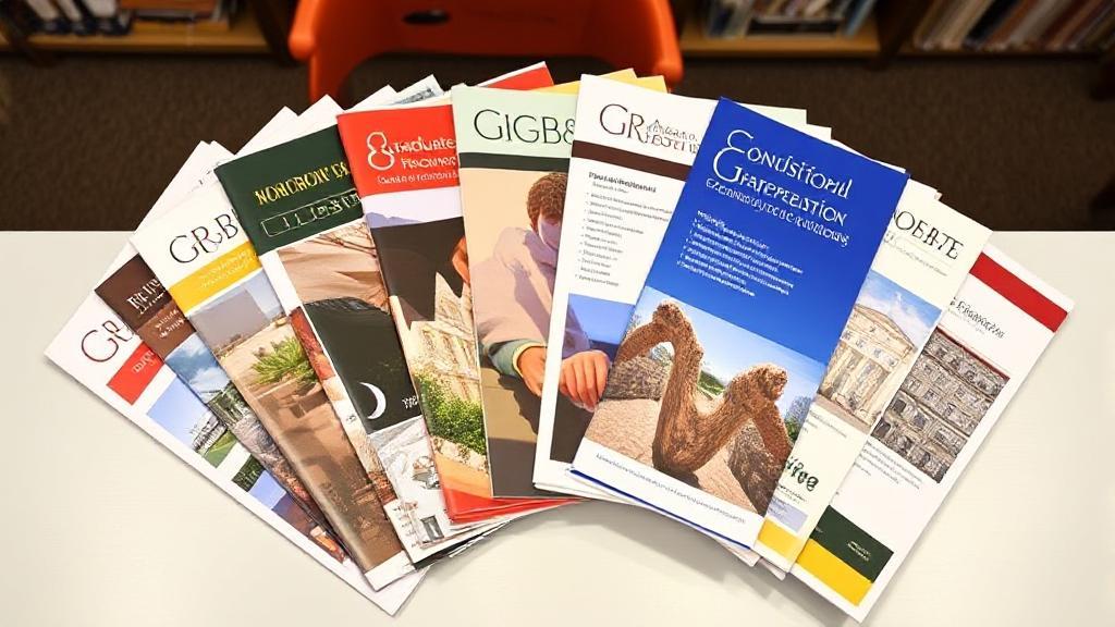 A diverse group of graduate school brochures fanned out on a desk, symbolizing the decision-making process for prospective students.