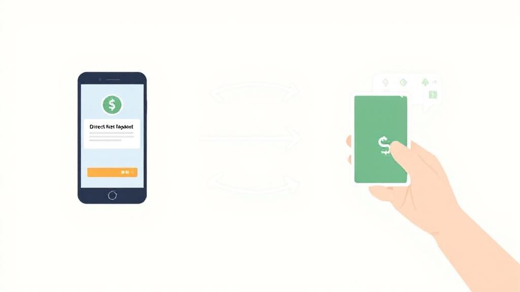 A digital illustration of a bank transfer process, featuring a smartphone displaying a direct deposit notification with currency symbols and arrows indicating movement.