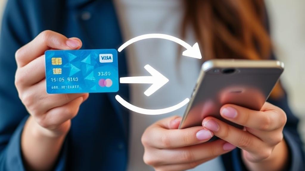 A person holding a credit card and a smartphone, with digital arrows symbolizing the transfer of balances between accounts.