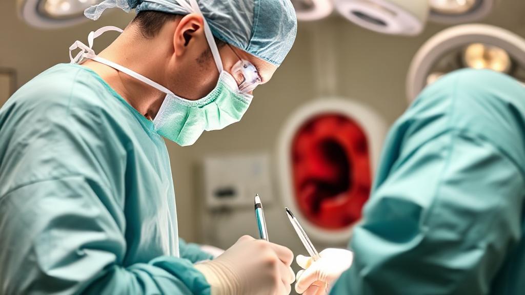 A surgeon in a sterile operating room performing an appendectomy with surgical instruments in focus.