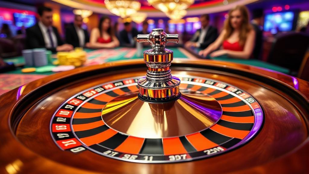 A vibrant casino scene featuring a spinning roulette wheel with a close-up of the ball in motion, surrounded by colorful chips and players eagerly watching.