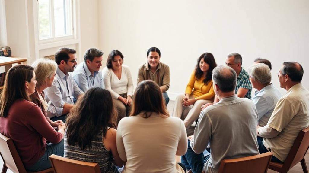 A diverse group of people sitting in a circle, engaged in a supportive and empathetic discussion, symbolizing the community and principles of Alcoholics Anonymous.