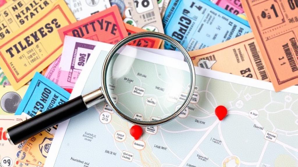 A vibrant collage of lottery tickets, a magnifying glass, and a map, symbolizing the search for nearby lottery ticket vendors.
