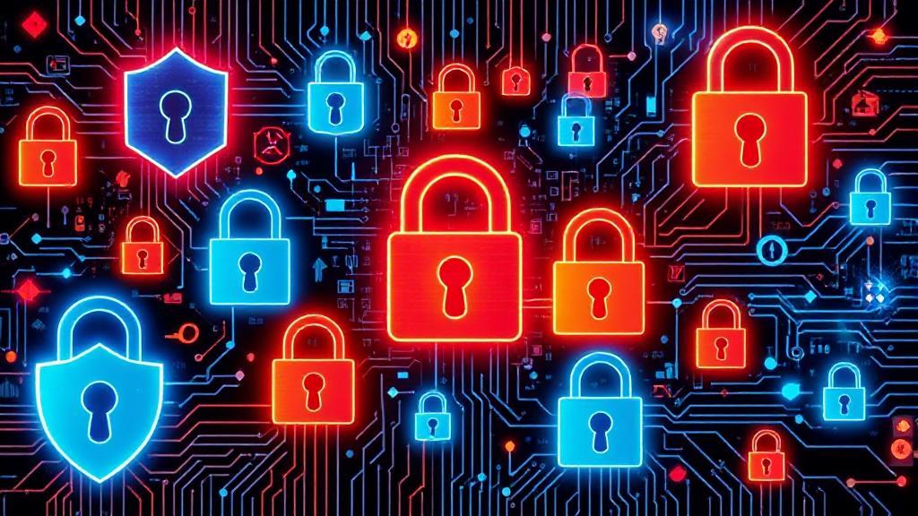 A dynamic collage of digital shields, locks, and circuit patterns symbolizing cybersecurity expertise and career advancement.