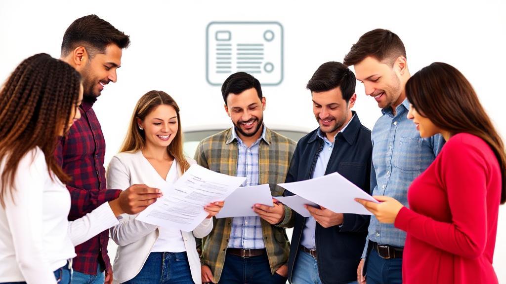 A diverse group of people examining car insurance documents, with a car and a driver's license symbol in the background.