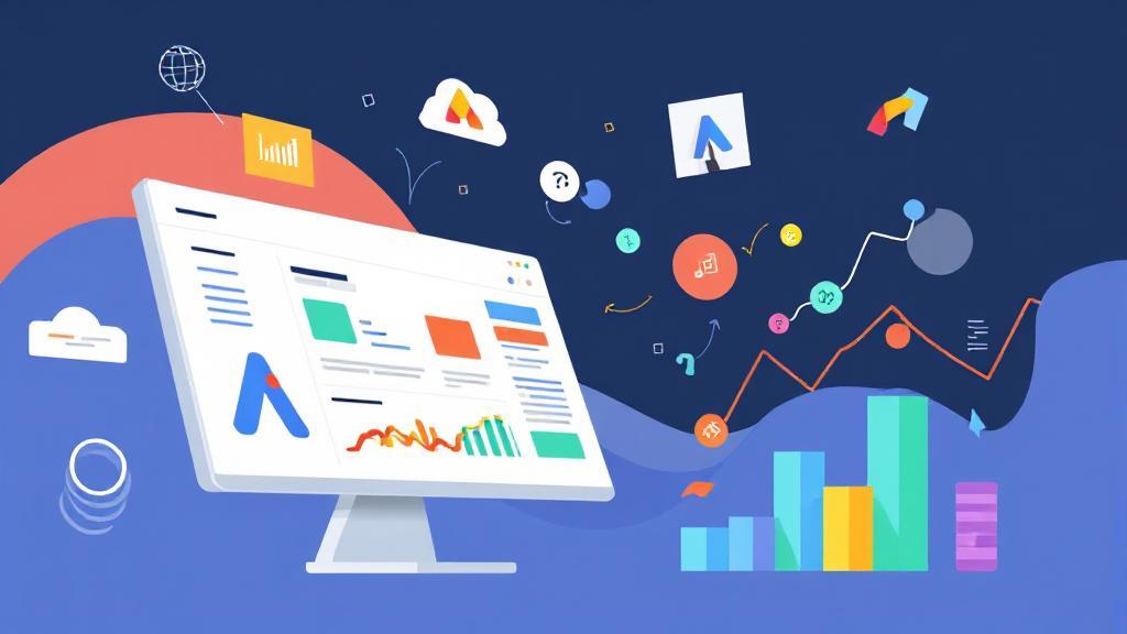A dynamic illustration of the Google Ads interface with colorful graphs and icons representing digital marketing strategies.