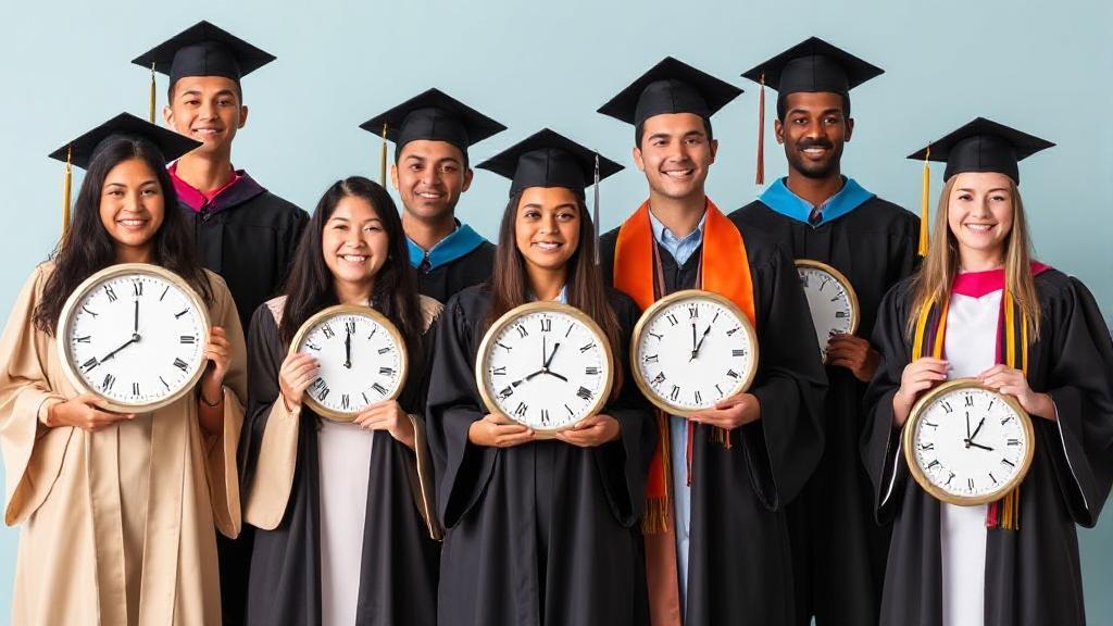 A diverse group of students in graduation attire, each holding a clock, symbolizing the varied timelines of completing a doctorate degree.