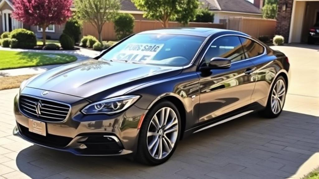 A sleek car parked in a driveway with a "For Sale" sign in the windshield, set against a sunny suburban backdrop.