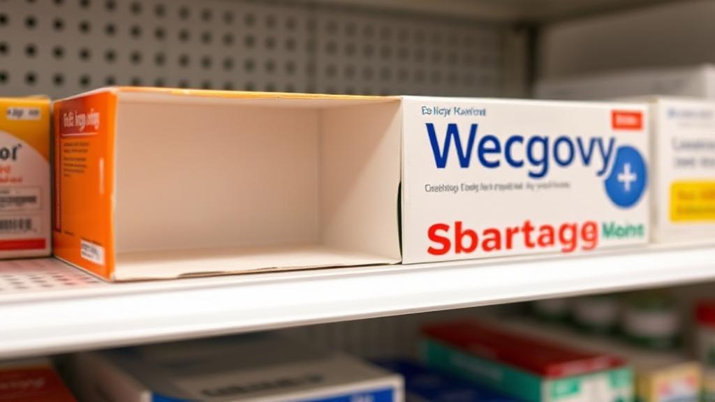 A close-up image of an empty Wegovy medication box on a pharmacy shelf, symbolizing the ongoing shortage.