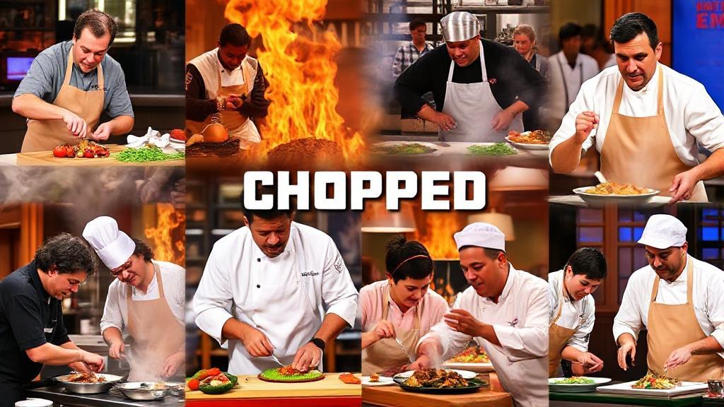 A vibrant collage of intense cooking scenes and chefs in action, capturing the competitive spirit of "Chopped."