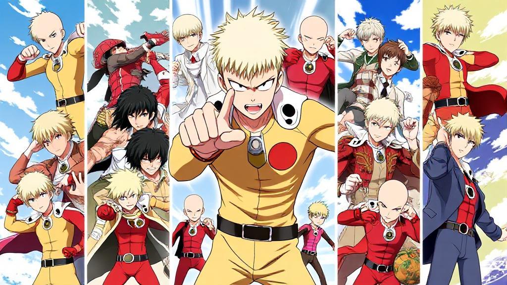 A dynamic collage featuring Saitama, the protagonist of One Punch Man, in various iconic poses from the anime's different seasons.