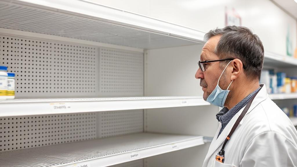 A concerned pharmacist examines an empty shelf where Ozempic is usually stocked, highlighting the ongoing medication shortage.