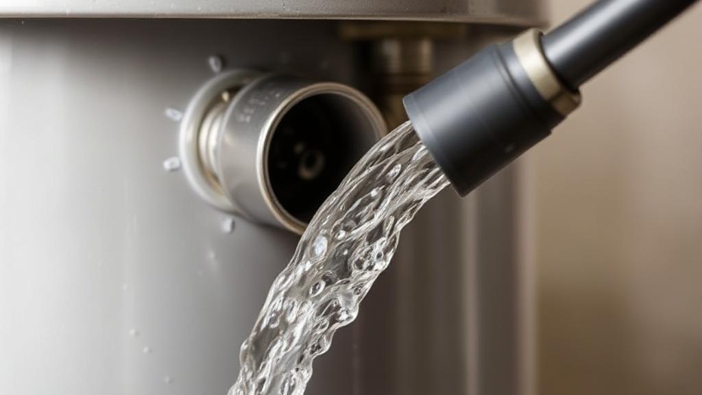 A close-up image of a water heater being flushed, with clear water flowing from a hose, symbolizing maintenance and efficiency.