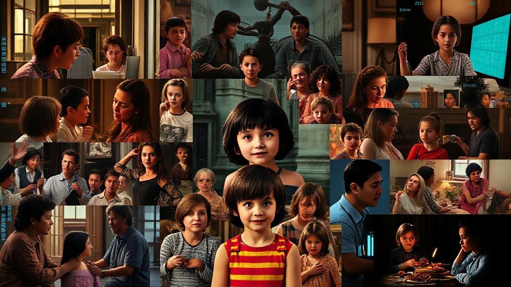 A vibrant collage of scenes from "Matilda," featuring the iconic moments and characters, set against a digital streaming interface backdrop.