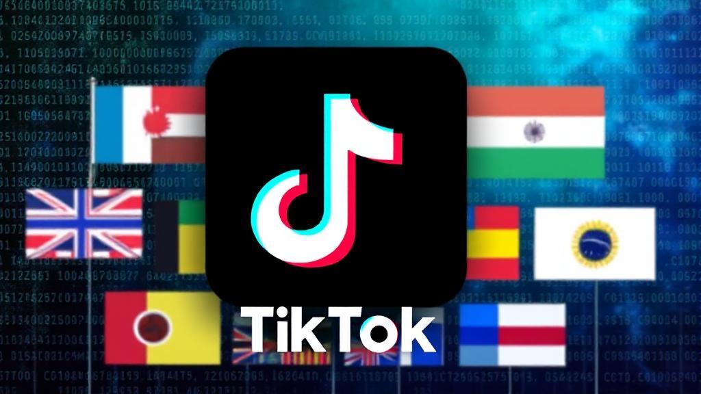 A dynamic collage of TikTok's logo fading into a question mark, set against a backdrop of digital code and national flags.