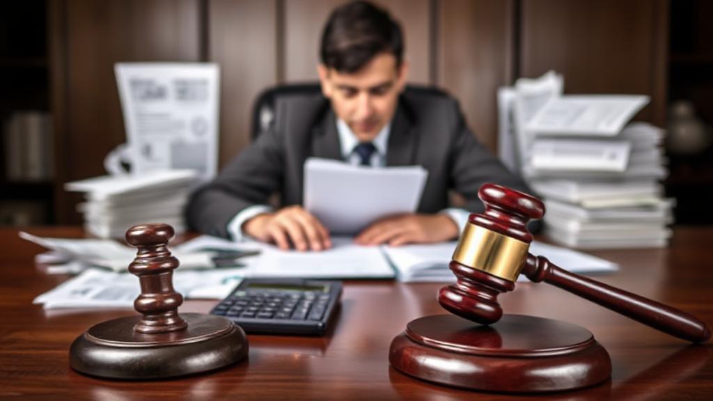 A somber image of a person sitting at a desk, surrounded by bills and financial documents, with a calculator and a gavel in the foreground, symbolizing the weighty decision of filing for bankruptcy.
