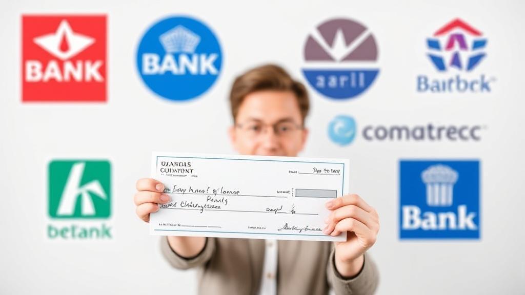 A person holding a check in front of various bank logos, symbolizing the exploration of check-cashing options.