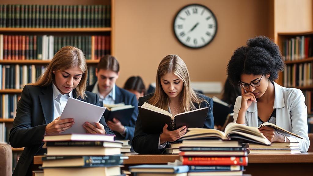 A diverse group of law students studying intently in a library, surrounded by stacks of legal textbooks and a clock in the background.