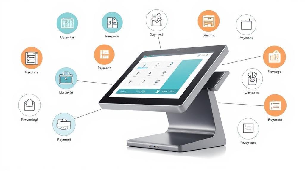 A sleek, modern point-of-sale terminal with a digital interface, surrounded by icons representing various retail and payment functions.