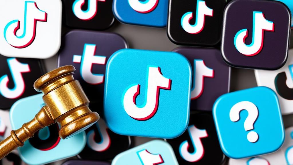 A collage of TikTok app icons with a gavel and a question mark symbolizing legal uncertainty and future implications.