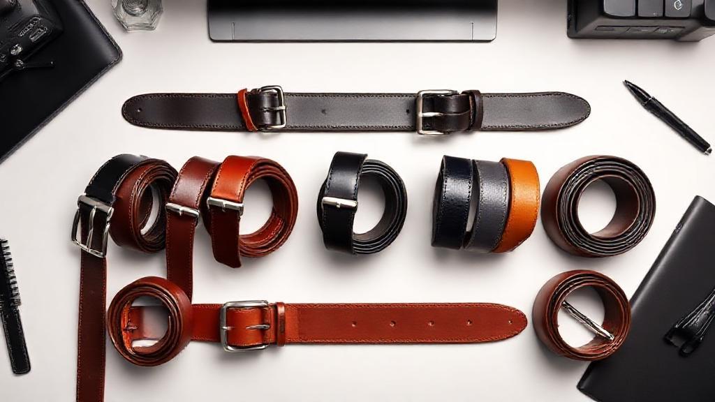 A sleek, modern flat-lay of ten stylish leather belts in various classic colors, elegantly arranged on a minimalist desk with business accessories.