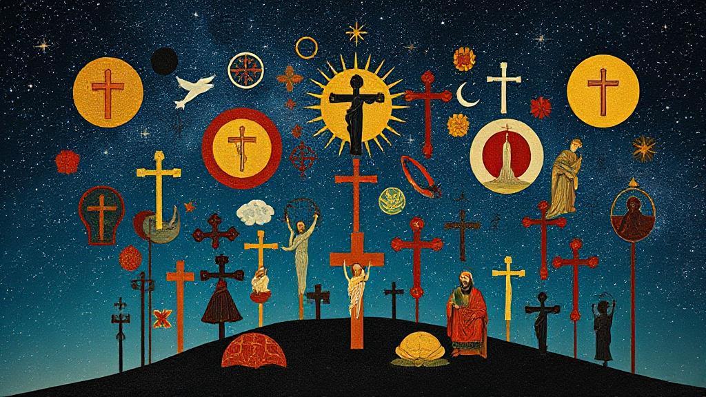 A diverse array of religious symbols interconnected against a backdrop of a contemplative, starry night sky.