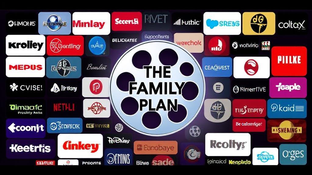 A vibrant collage of streaming platform logos surrounding a film reel, symbolizing the diverse options for watching "The Family Plan" online.