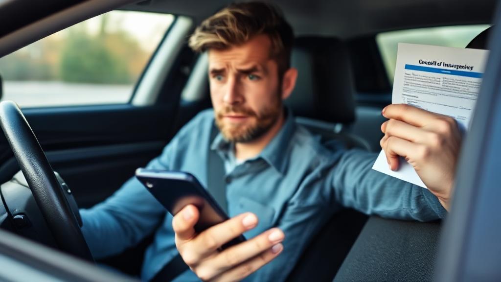 A concerned driver holding a smartphone, contemplating the cancellation of their car insurance policy, with a car and insurance documents in the background.