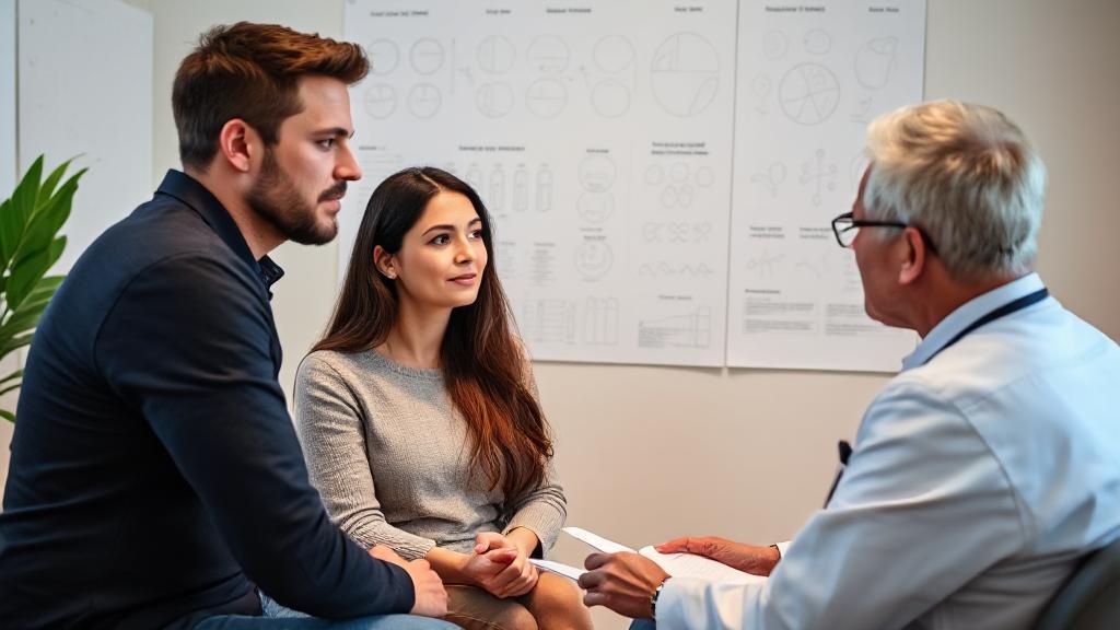 A thoughtful couple consults with a fertility specialist, surrounded by diagrams and charts, as they discuss the decision of how many embryos to freeze.