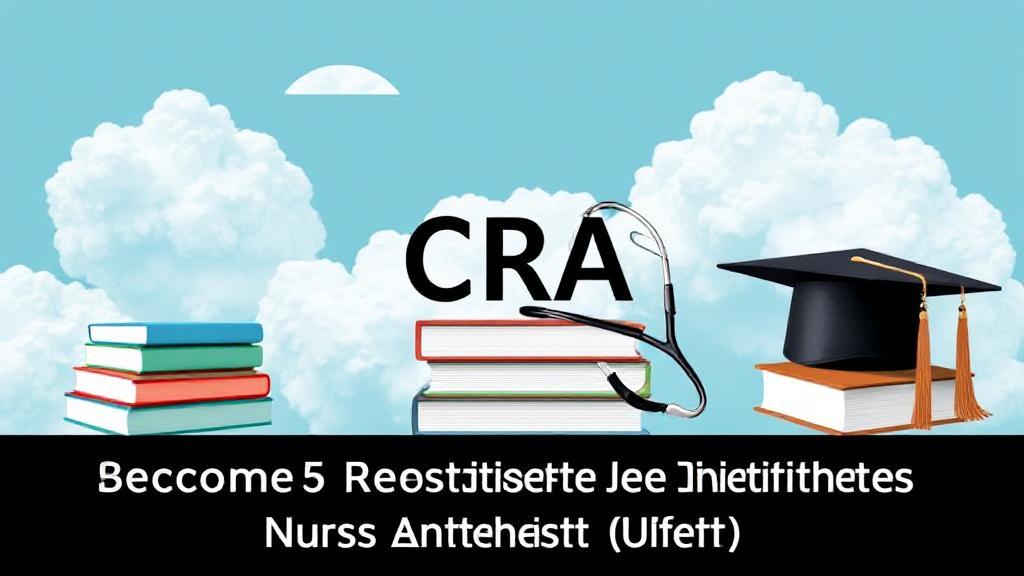 A dynamic collage illustrating the educational and professional journey to becoming a Certified Registered Nurse Anesthetist (CRNA), featuring textbooks, a stethoscope, and a graduation cap.