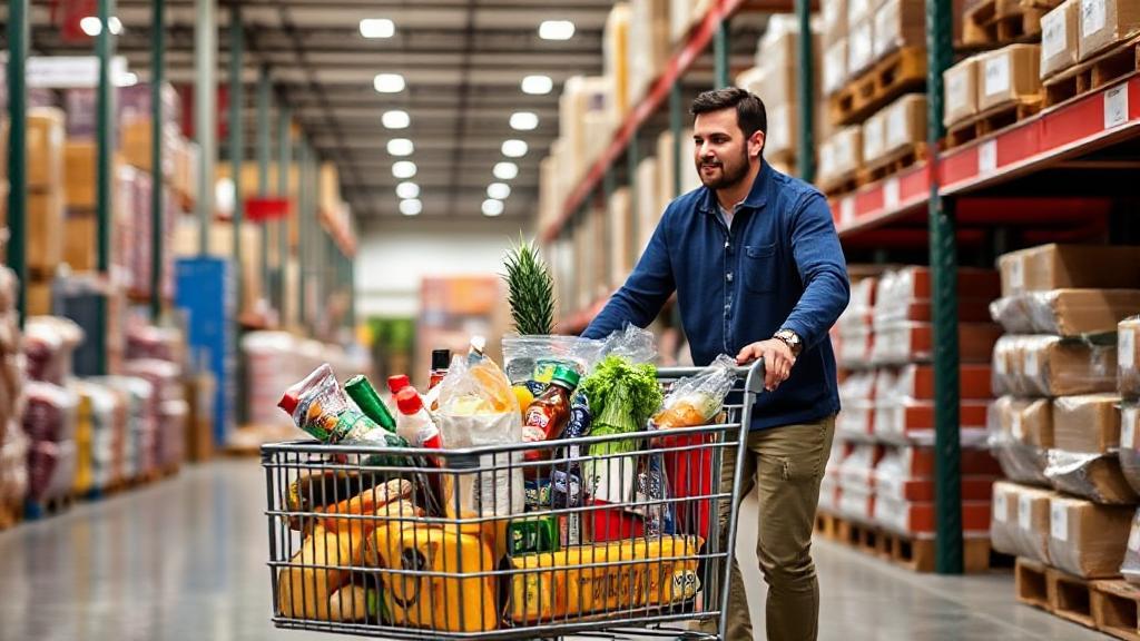 A shopper pushes a cart filled with groceries through a Costco warehouse, highlighting the store's bulk offerings.