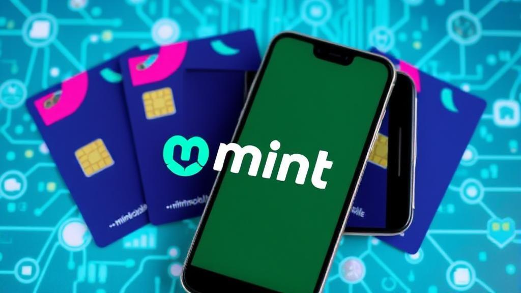 A vibrant header image featuring a smartphone displaying the Mint Mobile logo, surrounded by SIM cards and a backdrop of digital connectivity symbols.