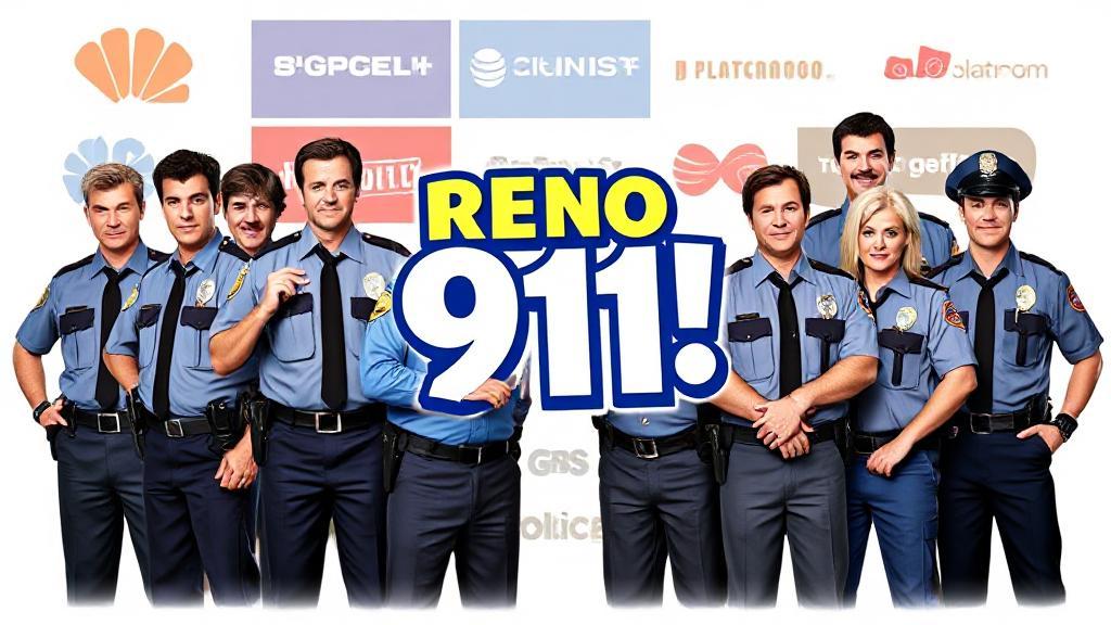 A vibrant collage of the quirky Reno 911! cast in their iconic police uniforms, set against a backdrop of streaming platform logos.