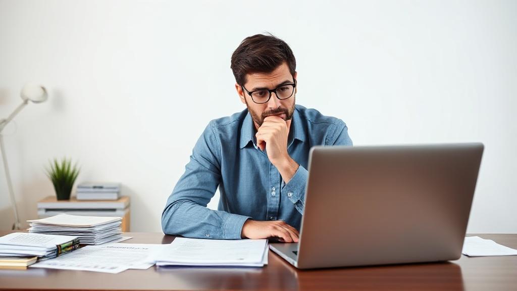A thoughtful individual reviewing tax documents at a desk, surrounded by financial paperwork and a laptop, symbolizing the process of filing taxes without income.