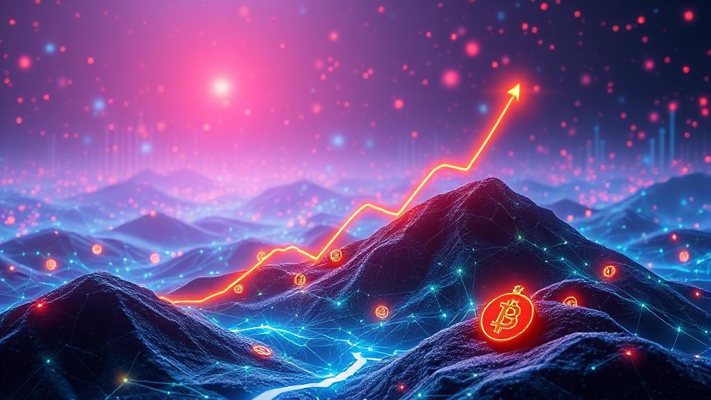 A futuristic digital landscape featuring a rising graph and various cryptocurrency symbols, set against a backdrop of vibrant, glowing blockchain networks.