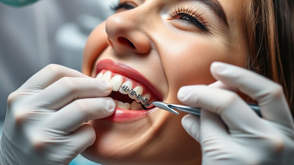 A close-up image of a dental professional carefully applying braces to a patient's teeth in a modern orthodontic clinic.