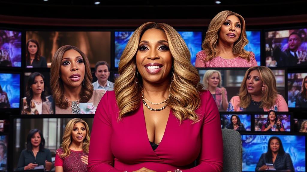 A captivating collage of Wendy Williams' iconic moments set against a backdrop of television screens, highlighting the intrigue of her documentary.