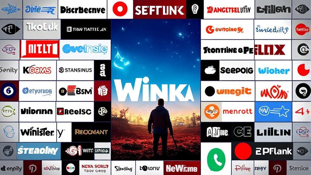 A vibrant collage of streaming platform logos surrounding the movie poster for "Winka."