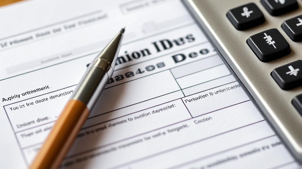 A close-up image of a tax form with a pen and calculator, symbolizing financial planning and tax deductions related to union dues.