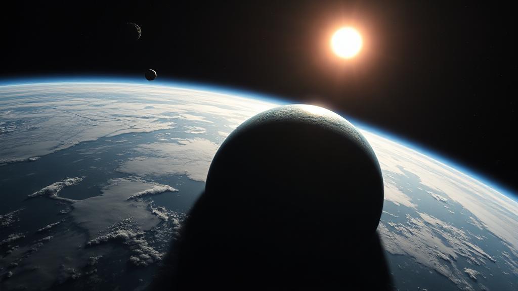 A dramatic depiction of Earth from space, partially shadowed, with a distant asteroid and a glowing sun on the horizon, symbolizing the uncertain future of our planet.
