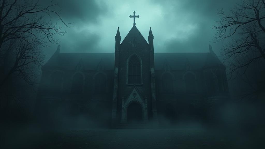 A dark, eerie image of a haunted abbey shrouded in mist, setting the tone for the chilling tale of "The Nun."